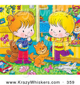 Critter Clipart of an Orange Kitty Cat Playing with a Happy Boy and Girl in a Messy Bedroom by Alex Bannykh