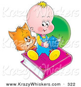 Critter Clipart of an Orange Kitty Looking at a Baby Sitting on a Book and Holding a Blue Gem by Alex Bannykh