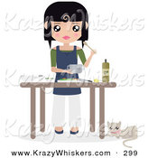 Critter Clipart of AWhite Cat Resting by a Table Where Black Haired Caucasian Woman Prepares Food by Melisende Vector