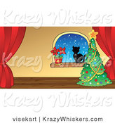 Vector Critter Clipart of a Cat by a Christmas Tree and Poinsettia - Royalty Free by Visekart