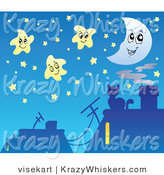 Vector Critter Clipart of a Kitty on a Roof Top Gazing at Stars - Royalty Free by Visekart