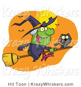 Vector Critter Clipart of a Wicked Halloween Witch and Her Black Cat Flying by Bats and a Full Moon on a Broom Stick by Hit Toon
