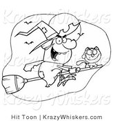 Vector Critter Clipart of an Outlined Flying Cat and Witch Halloween Coloring Page by Hit Toon