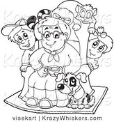 Vector Critter Clipart of an Outlined Granny with Her Pets and Grandchildren - Royalty Free by Visekart