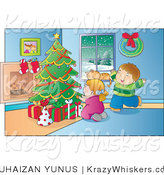 Vector Kitty Clipart of a Cat in a Window While Kids Sit by a Christmas Tree - Royalty Free by YUHAIZAN YUNUS