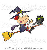 Vector Kitty Clipart of a Cute Witch and Black Cat on a Broomstick - Royalty Free by Hit Toon