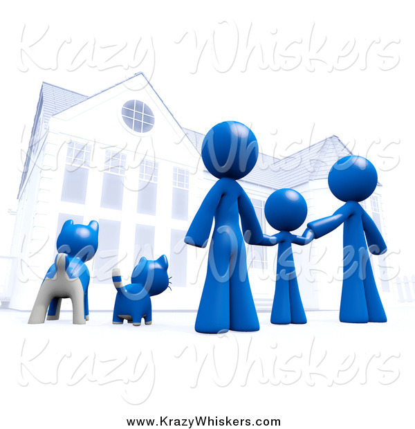 Critter Clipart of a 3d Blue Family and Pets in Front of Their Home