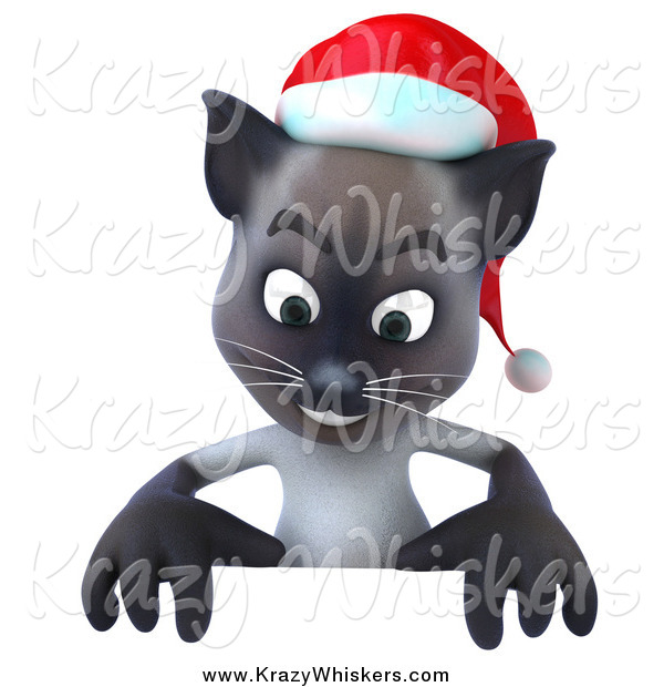 Critter Clipart of a 3d Christmas Siamese Cat Looking down at a Sign