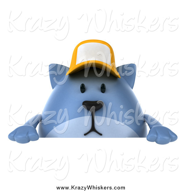 Critter Clipart of a 3d Chubby Blue Cat Wearing a Baseball Cap over a Sign