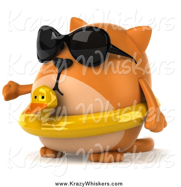 Critter Clipart of a 3d Chubby Orange Cat Wearing an Inner Tube and Shades and Presenting to the Left