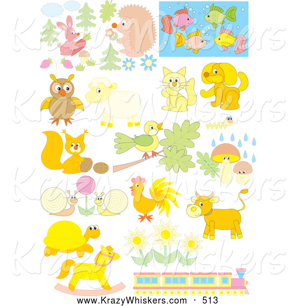 Critter Clipart of a Array of Pastel Animals, Flowers and a Train