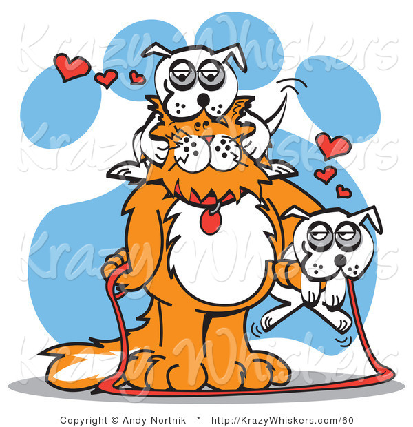 Critter Clipart of a Big, Fluffy Orange Cat with a White Dog on Its Head and Another Dog on Its Arm