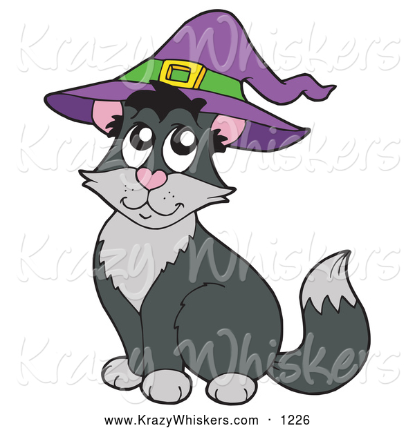 Critter Clipart of a Black and Gray Halloween Cat Wearing a Witch Hat