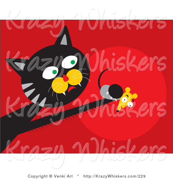 Critter Clipart of a Black and Gray Tom Cat with Fast Reflexes, Reaching out and Grasping a Scared Mouse in His Paw