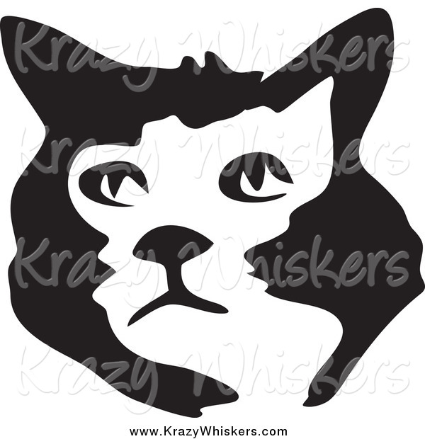 Critter Clipart of a Black and White Brush Stroke Styled Cat Face