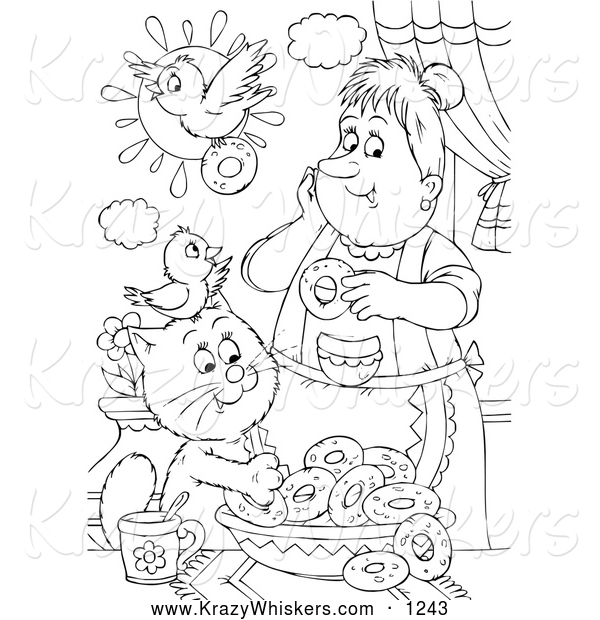 Critter Clipart of a Black and White Cat and Bird Making Donuts with a Lady
