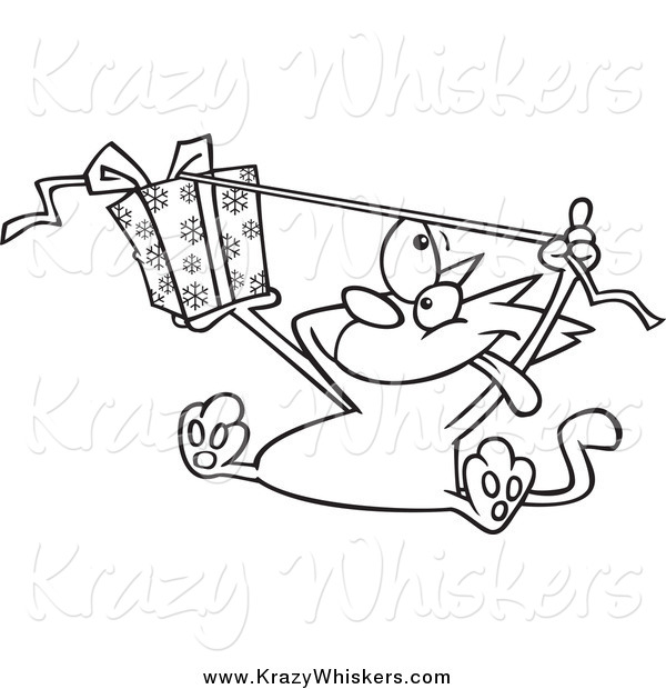 Critter Clipart of a Black and White Excited Cat Opening a Christmas Gift