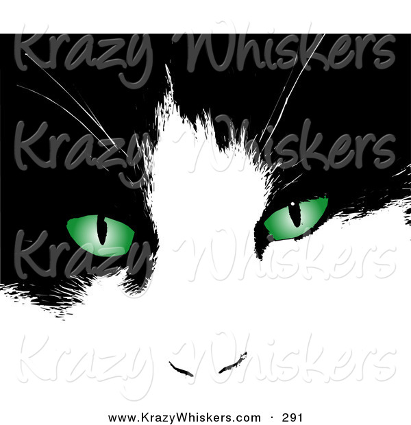 Critter Clipart of a Black and White Kitten's Face with Bright Green Eyes
