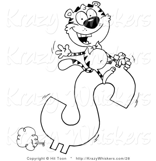 Critter Clipart of a Black and White Tiger Riding on a Dollar Sign