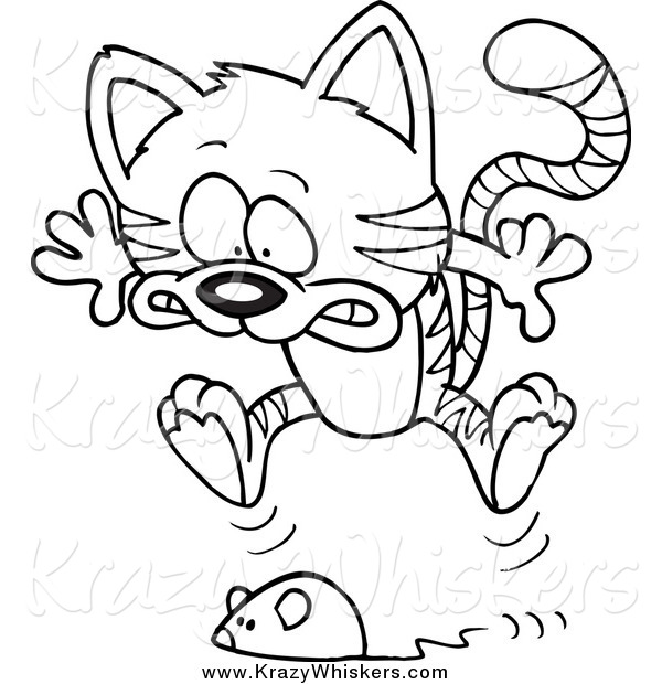 Critter Clipart of a Black and White Toy Mouse Frightening a Tabby Cat