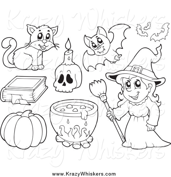 Critter Clipart of a Black and White Witch and Halloween Items