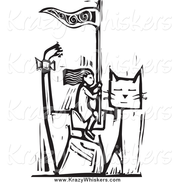 Critter Clipart of a Black and White Woodcut Girl Riding a Giant Cat