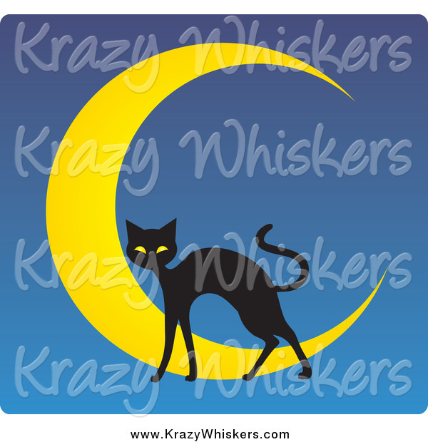 Critter Clipart of a Black Cat over a Crescent Moon on Blue