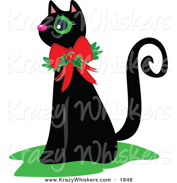 Critter Clipart of a Black Cat Wearing a Christmas Bow and Holly - Royalty FreeBlack Cat Wearing a Christmas Bow and Holly