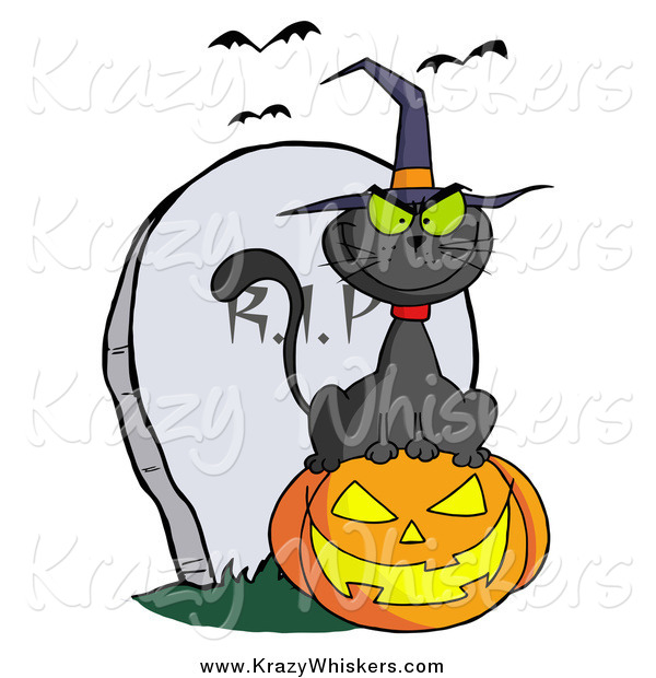 Critter Clipart of a Black Cat Wearing a Witch Hat and Sitting on a Pumpkin by a Tombstone and Bats