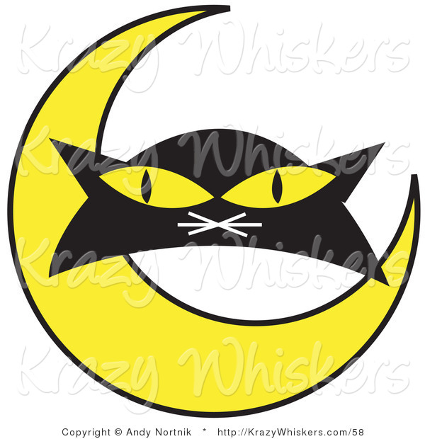 Critter Clipart of a Black Cat's Face with Yellow Eyes with with a Yellow Crescent Moon