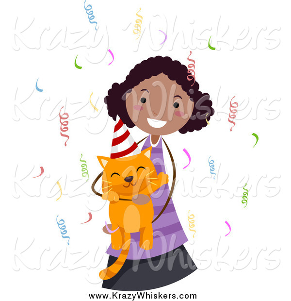 Critter Clipart of a Black Girl Holding Her Ginger Birthday Cat