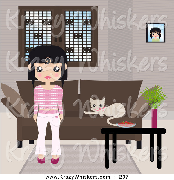 Critter Clipart of a Black Haired White Girl Dressed in Pink and White, Standing in Front of a Brown Couch with a Kitty Resting on the Cushions and a Table with a Bowl and Plant