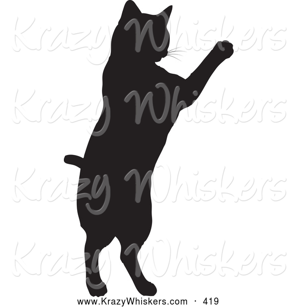 Critter Clipart of a Black Silhouetted Feline Jumping up on White