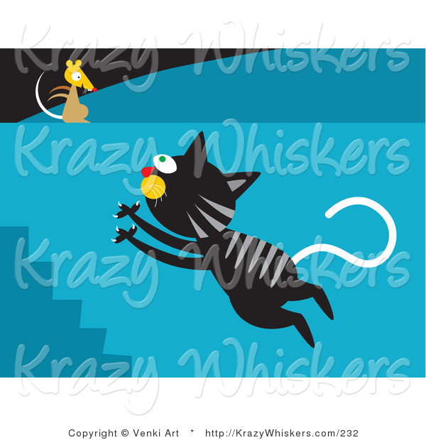 Critter Clipart of a Black Tabby Cat with Gray Stripes Leaping up a Flight of Stairs Towards a Mouse on a Wall