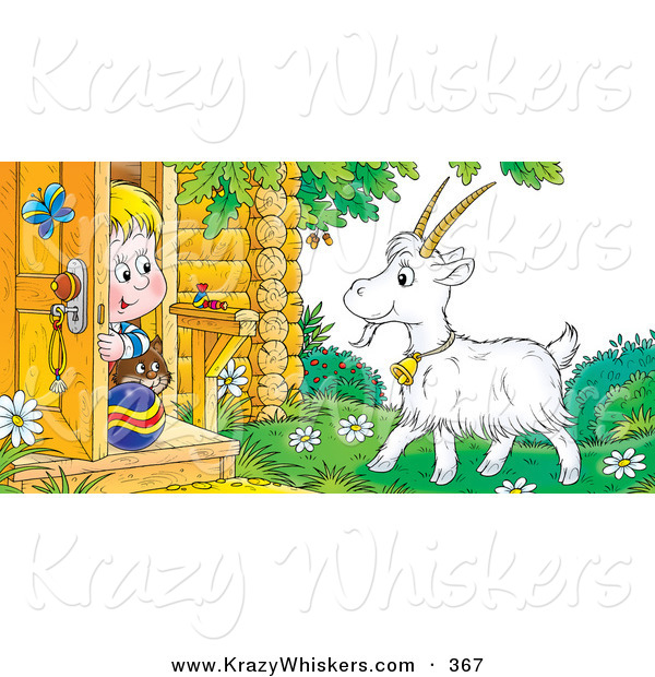 Critter Clipart of a Blond Boy and His Cat Peeking out a Front Door, Looking at a Goat