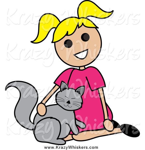 Critter Clipart of a Blond Girl Petting a Cat