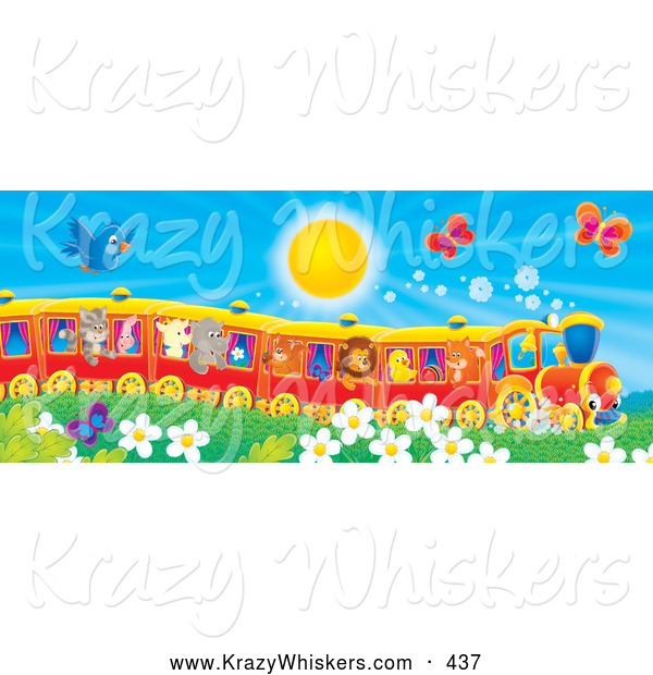 Critter Clipart of a Blue Bird and Butterflies Flying over Flowers near a Cat, Pig, Goat, Rhino, Squirrel, Lion, Chick and Fox on a Train on a Warm Sunny Day