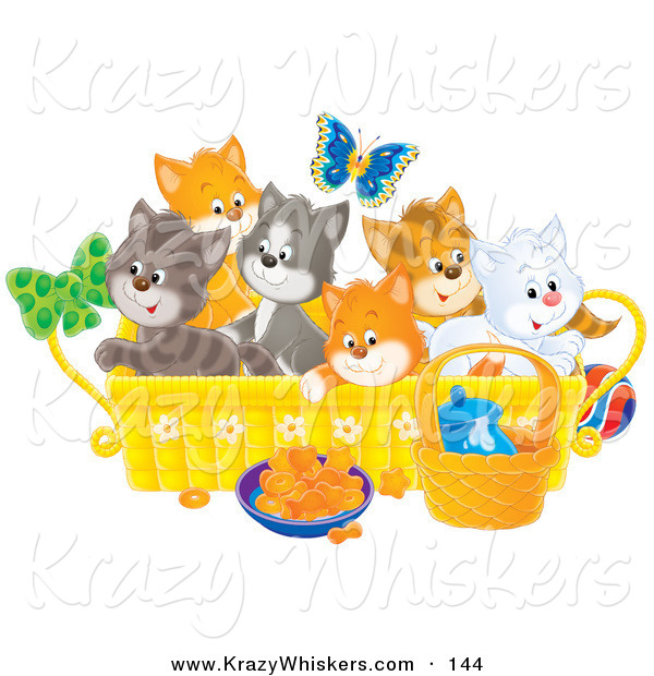 Critter Clipart of a Blue Butterfly over a Litter of Colorful Kittens in a Basket with Food and a Ball on the Floor