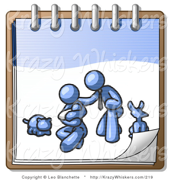 Critter Clipart of a Blue Family Showing a Man Kneeling Beside His Wife and Newborn Baby with Their Dog and Cat on a Ringed Notebook, Symbolizing Family Planning