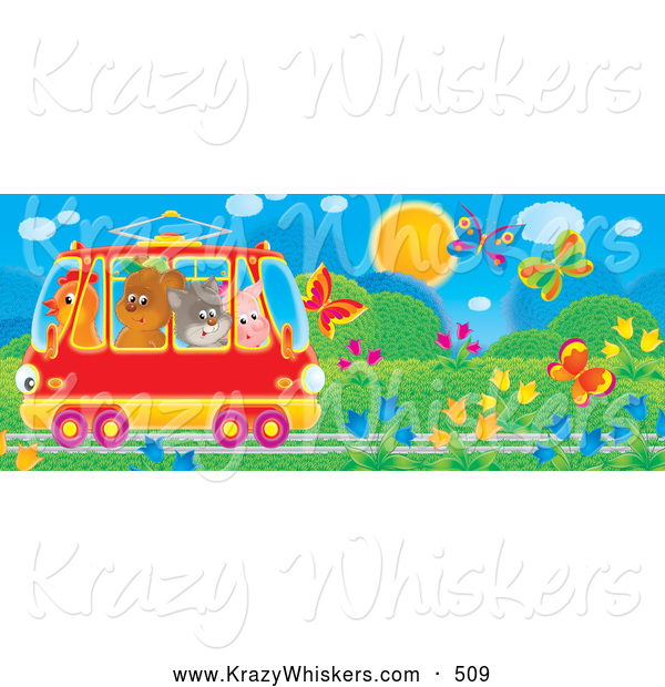 Critter Clipart of a Bright Colorful Crowded Tram Car with a Chicken, Bear, Cat and Pig, Riding Through a Garden of Flowers and Butterflies