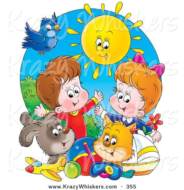 Critter Clipart of a Bright Summer Sun Shining down on a Bird, Dog, Cat, Toys and a Boy and Girl
