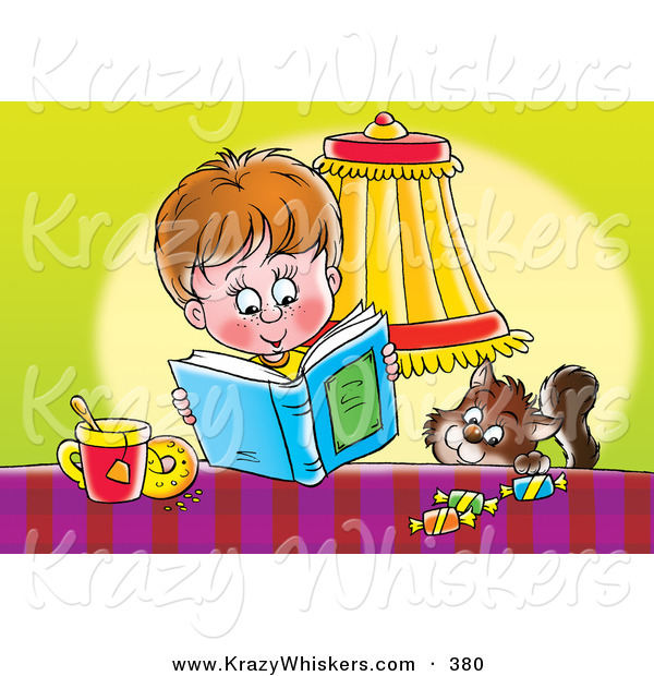 Critter Clipart of a Brown Cat Trying to Sneak Candy from a Table by a Boy Reading a Book