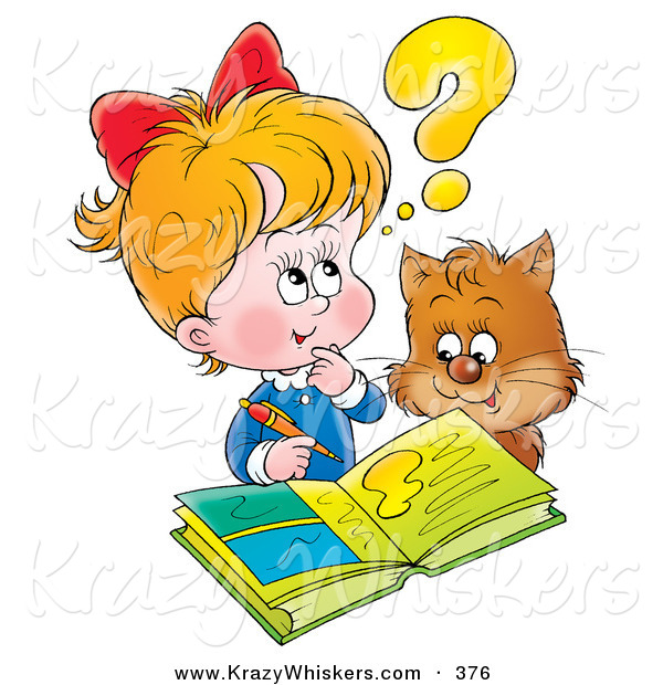 Critter Clipart of a Brown Cat Watching a Little Blond Girl Do Her Homework