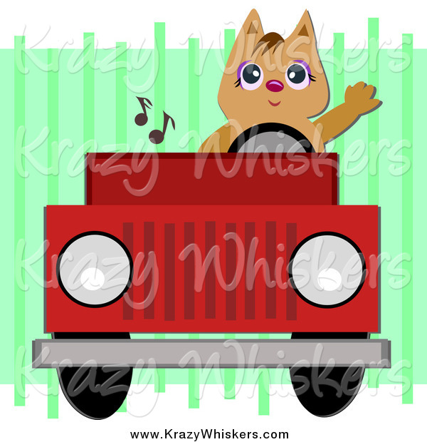 Critter Clipart of a Brown Cat Waving and Driving a Red Jeep