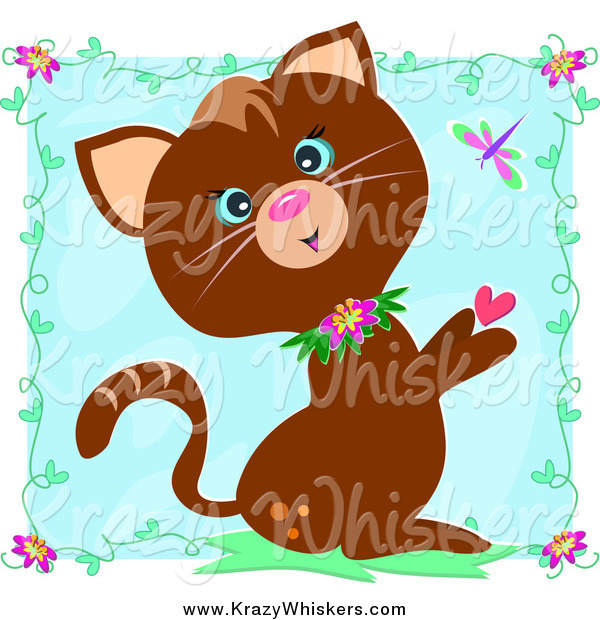 Critter Clipart of a Brown Cat with Hearts, Vines and a Dragonfly over a Blue Square