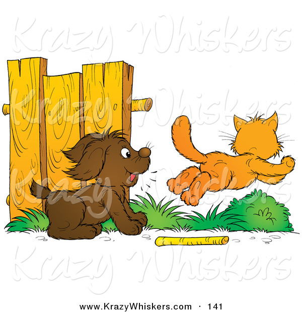 Critter Clipart of a Brown Dog Distracted from Fetching a Stick, Chasing an Orange Cat