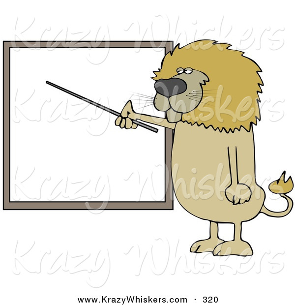 Critter Clipart of a Brown Male Lion Standing and Using a Pointer Stick to Discuss Rules on a Blank Board