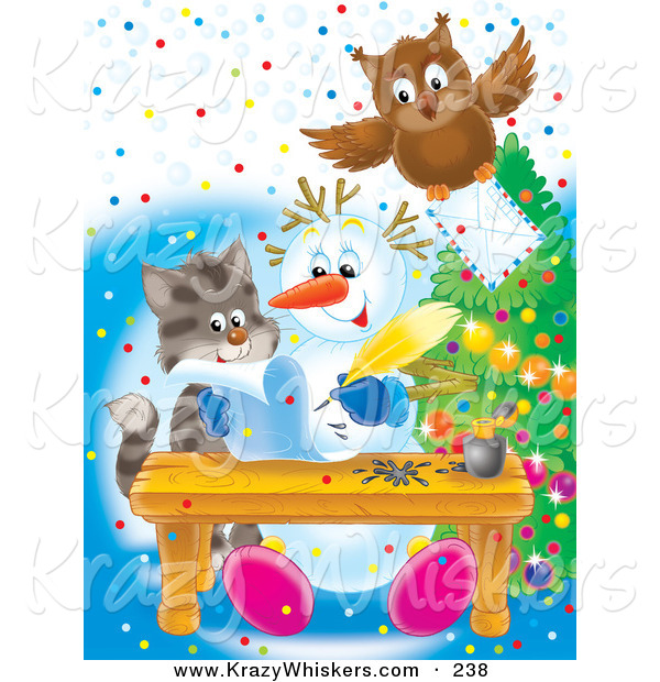 Critter Clipart of a Brown Owl Flying with an Envelope over a Kitten Watching a Snowman Writing a Letter