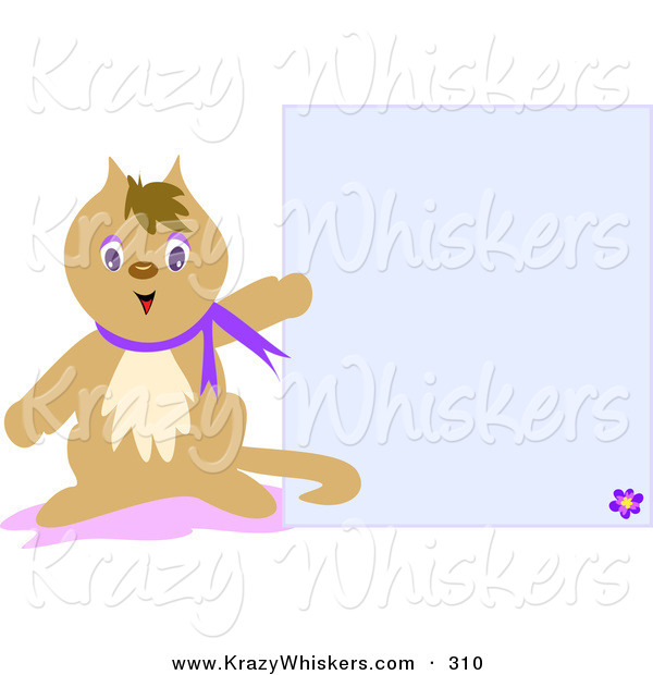 Critter Clipart of a Brown Pet Cat Wearing a Purple Collar, Pointing to a Blank Blue Stationery Background