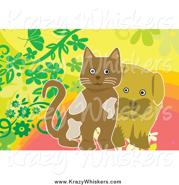 Critter Clipart of a Brown Puppy and Kitten with Flowers